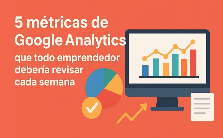 Ilustración con título sobre métricas de Google Analytics y gráficos en una pantalla de computadora.