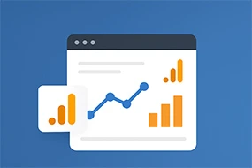Ilustración minimalista de un panel de Google Analytics con gráficos de barras y líneas sobre fondo azul.