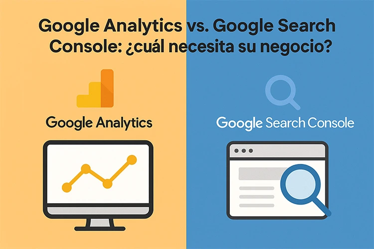 Comparación entre Google Analytics y Google Search Console con íconos representativos sobre fondos naranja y azul.